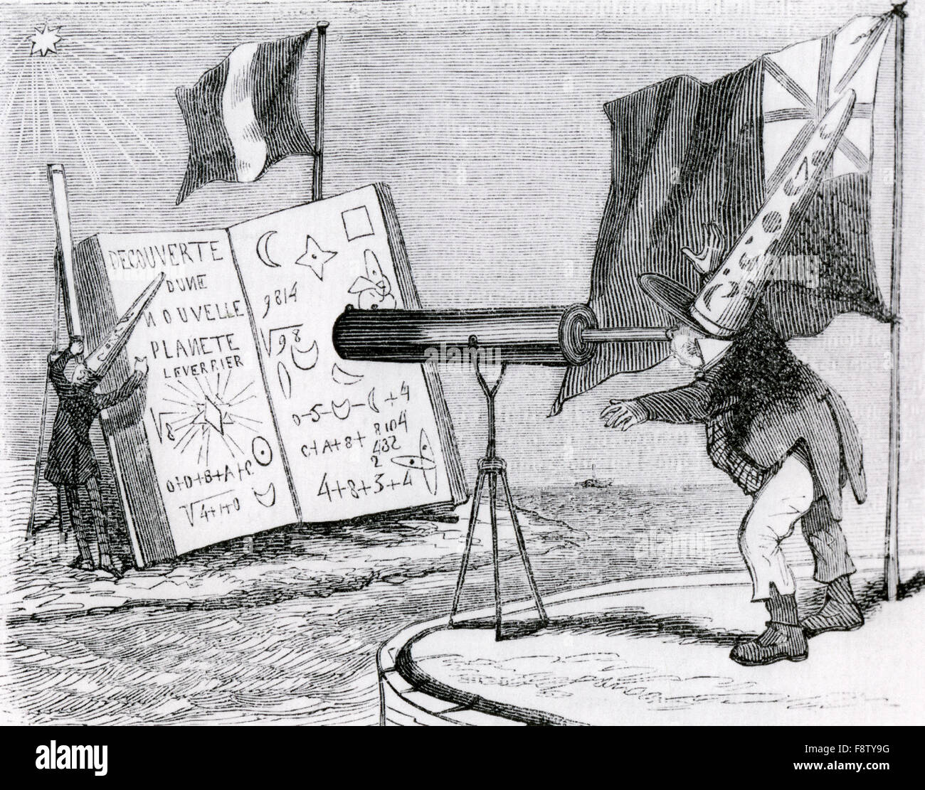 URBAIN LE VERRIER (1811-1877)  Engraving from French magazine L'Illustration in 1846 satirising English astronomer John Couch Adams at right using a telescope to read the announcement of Le Verrie's discovery  of Neptune which he disputed. Le Verrie shown at left observing the plant. Stock Photo