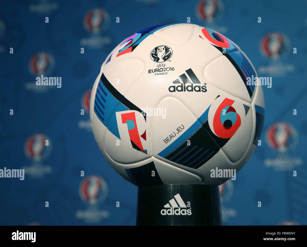 Paris, France. 11th Dec, 2015. The official UEFA Euro 2016 soccer ball  dubbed 'Beau Jeu' (Beautiful Game) is displayed during a press conference  held by President of EURO 2016 SAS Jacques Lambert