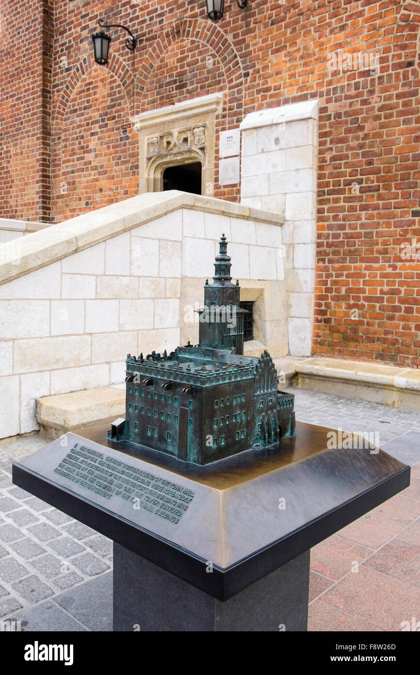Model of old Town Hall (Wieża ratuszowa) destroyed by Austrians outside remaining 19thc Tower in Market Square Krakow Poland Stock Photo