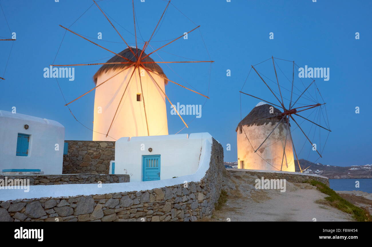 Mykonos evening landscape with a windmills, Mykonos Island, Cyclades Islands, Greece Stock Photo