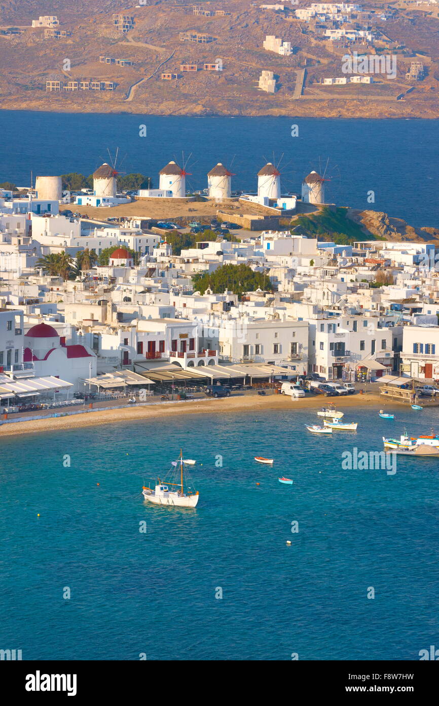 Mykonos windmills, old harbour, Chora, Mykonos Island, Greece Stock Photo