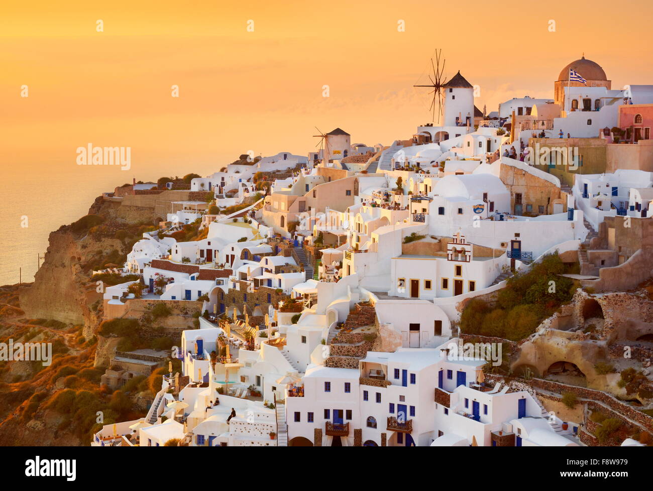 Santorini Island - aerial view of Oia Town at sunset time, Greece Stock Photo