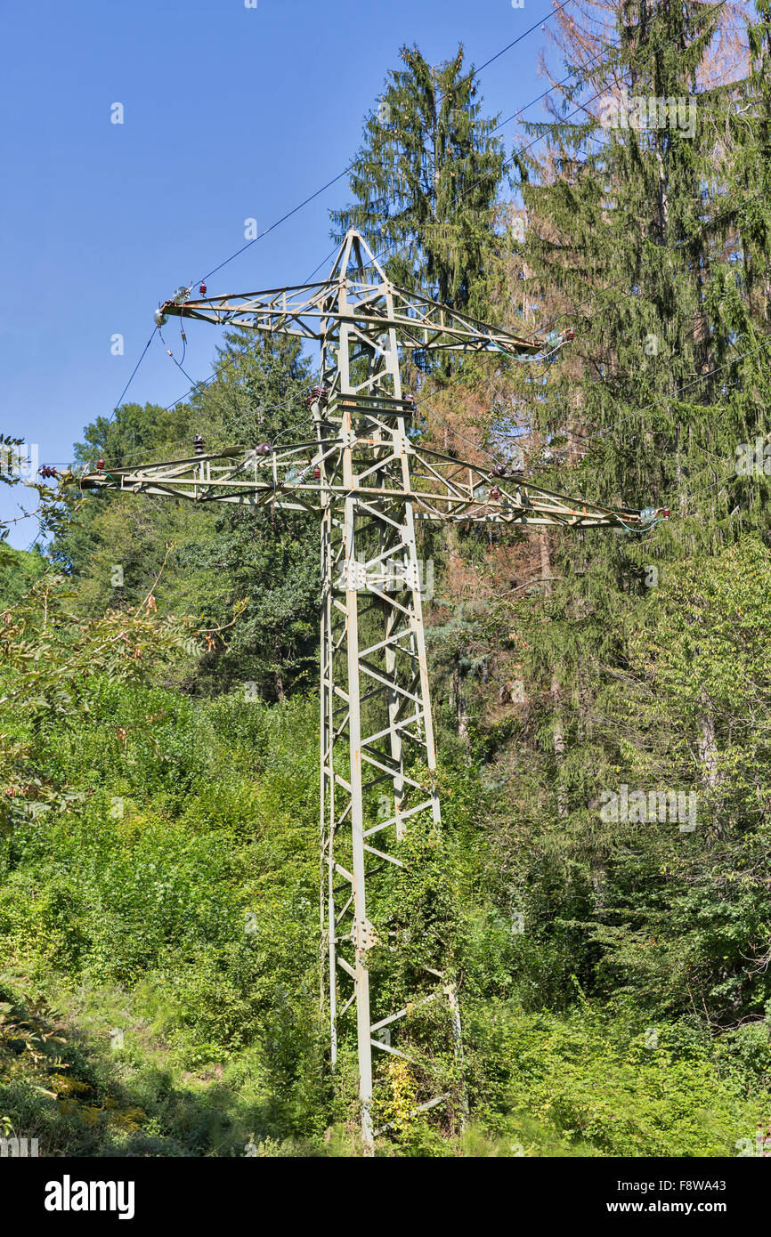 high voltage power line tower in the mountain forest with clear sky Stock Photo