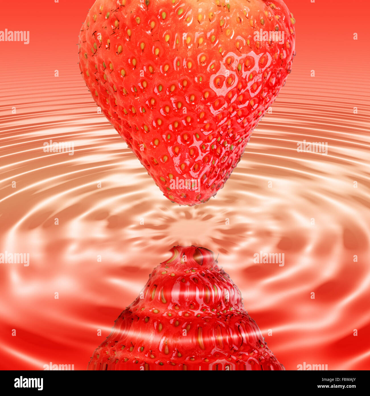 Reflection a single red strawberry in juice Stock Photo - Alamy