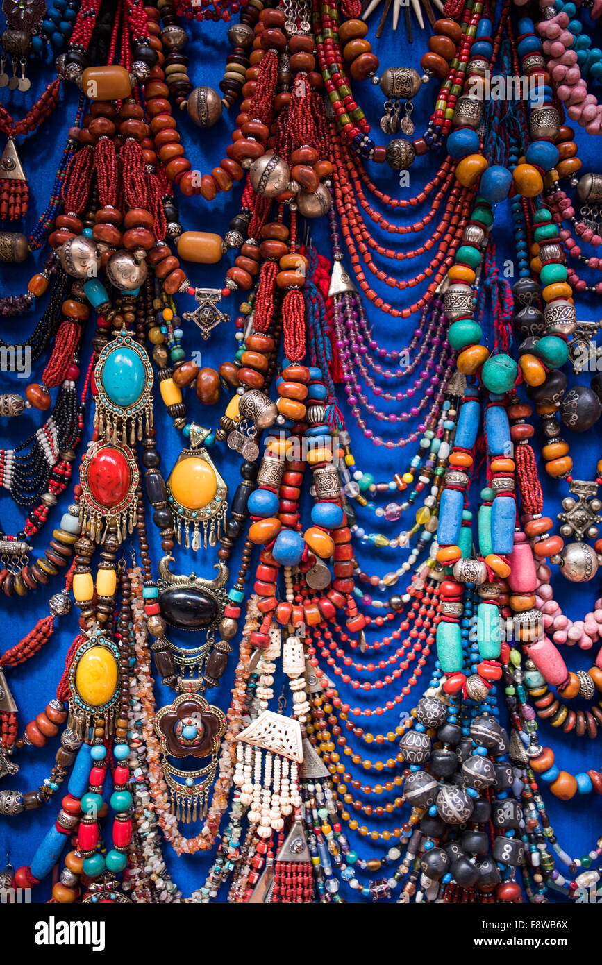Colorful ornate Moroccan jewelry for sale in the souks of Marrakesh Stock Photo