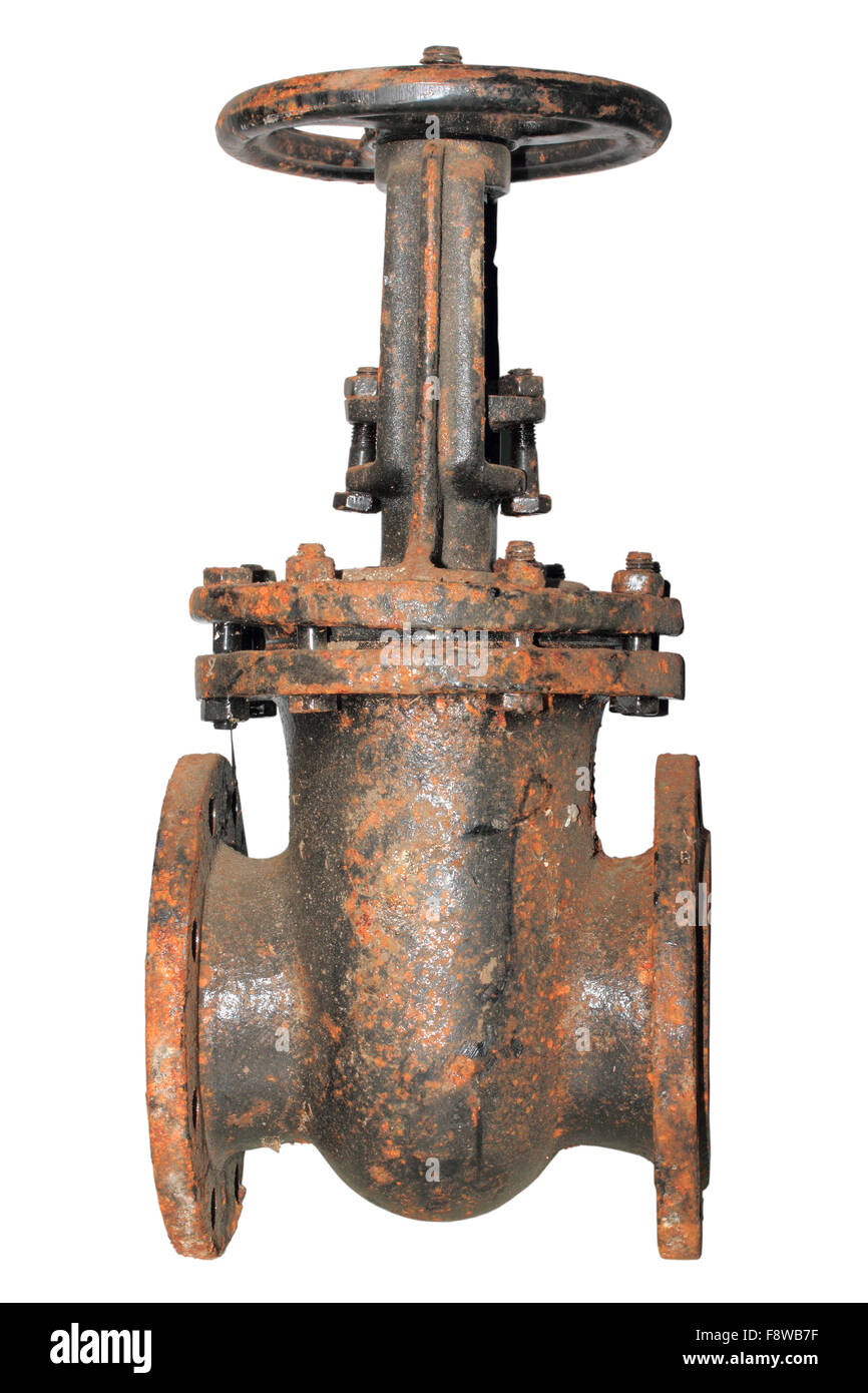 Single very rusted valve of outdoor pipeline Stock Photo