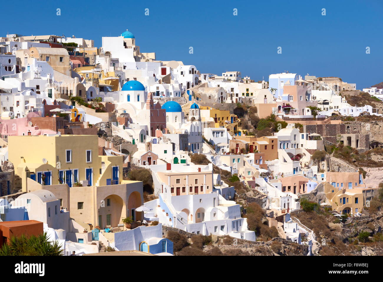View from the castle to Oia Town, Santorini Island, Cyclades, Greece Stock Photo