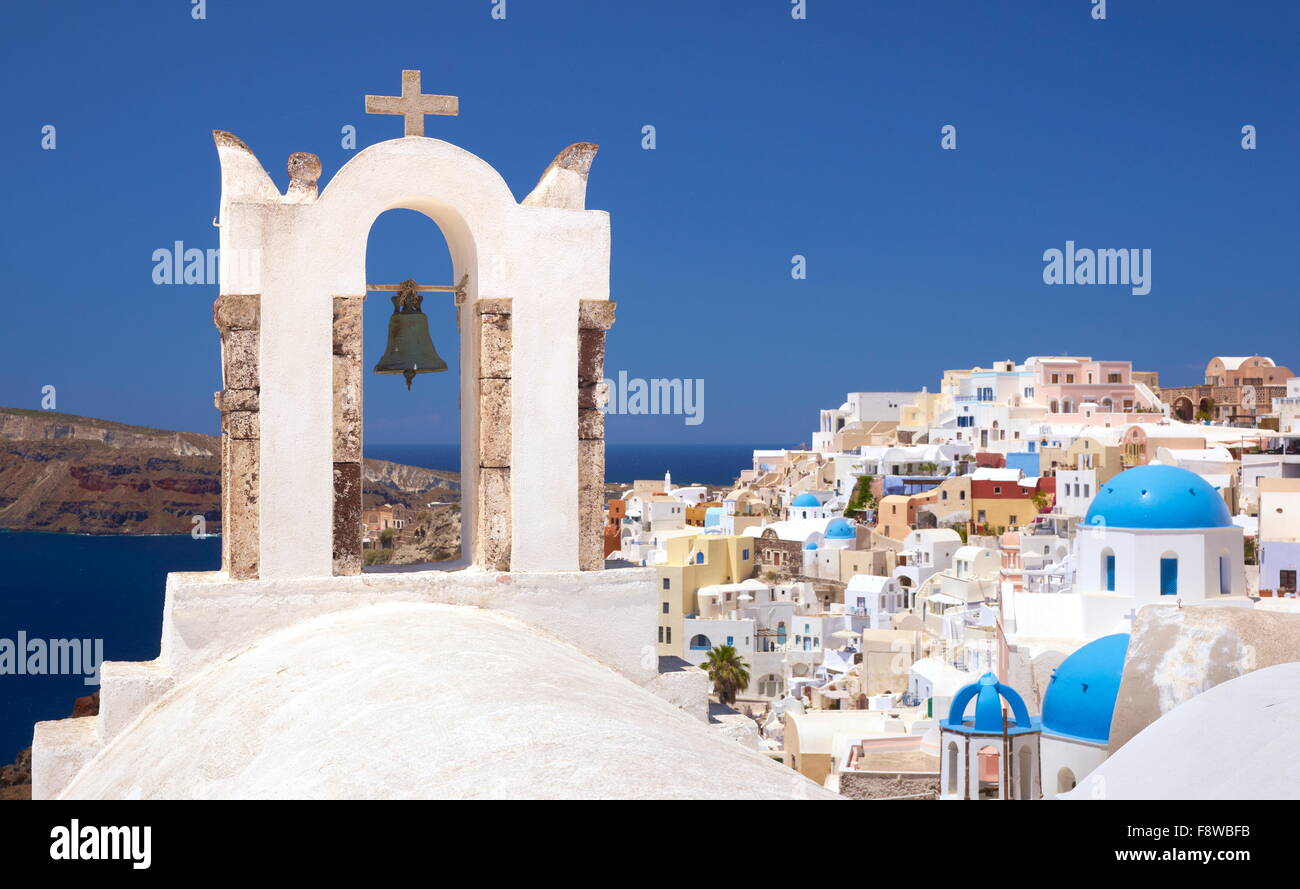 Landscape with bell tower and white houses - Oia Town,  Santorini Island, Cyclades, Greece Stock Photo