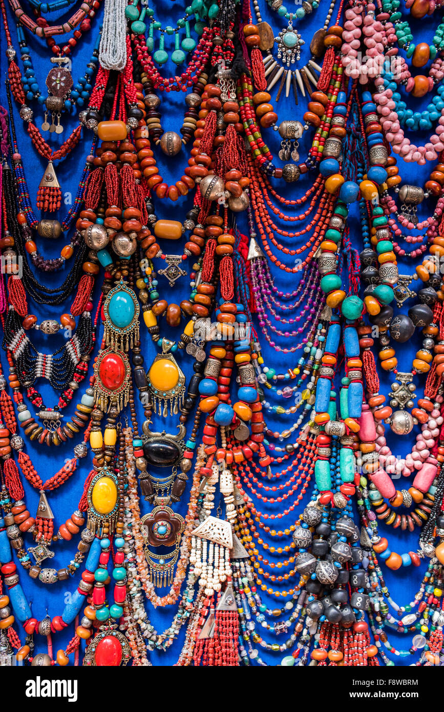 Colorful ornate Moroccan jewelery for sale in the souks of Marrakesh Stock Photo