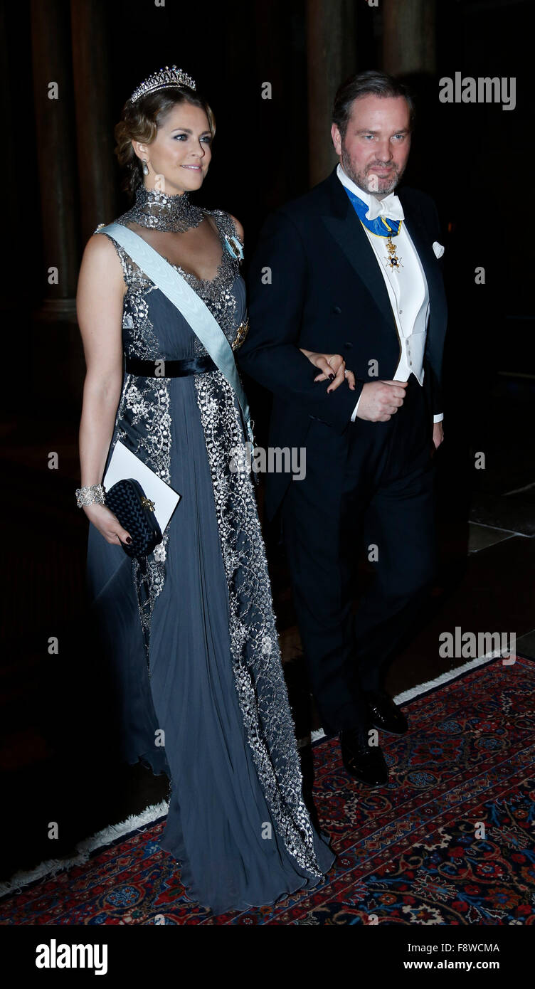 Stockholm, Sweden. 11th Dec, 2015. Sweden's Princess Madeleine and her husband Christopher O'Neill attend the royal banquet for Nobel laureates at Royal Palace in Stockholm, Sweden, Dec. 11, 2015. Credit:  Ye Pingfan/Xinhua/Alamy Live News Stock Photo