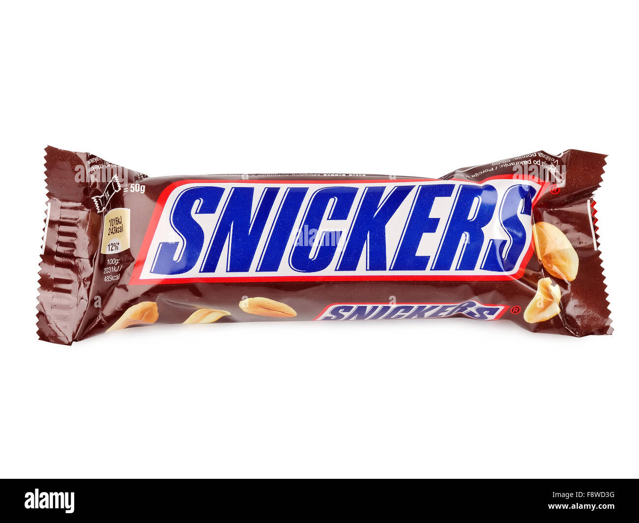 Snickers chocolate bar isolated on white background. Snickers bars are produced by Mars Incorporation Stock Photo