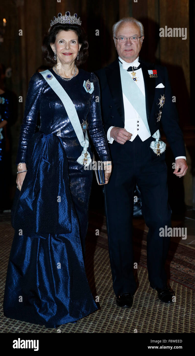 Stockholm, Sweden. 11th Dec, 2015. Sweden's King Carl XVI Gustaf and Queen Silvia attend the royal banquet for Nobel laureates at Royal Palace in Stockholm, Sweden, Dec. 11, 2015. Credit:  Ye Pingfan/Xinhua/Alamy Live News Stock Photo