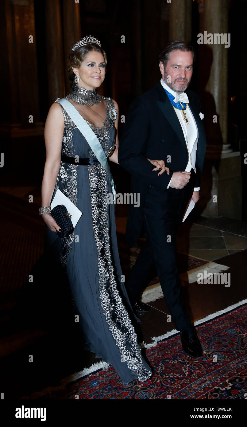 Stockholm, Sweden. 11th Dec, 2015. Sweden's Princess Madeleine and her husband Christopher O'Neill attend the royal banquet for Nobel laureates at Royal Palace in Stockholm, Sweden, Dec. 11, 2015. Credit:  Ye Pingfan/Xinhua/Alamy Live News Stock Photo