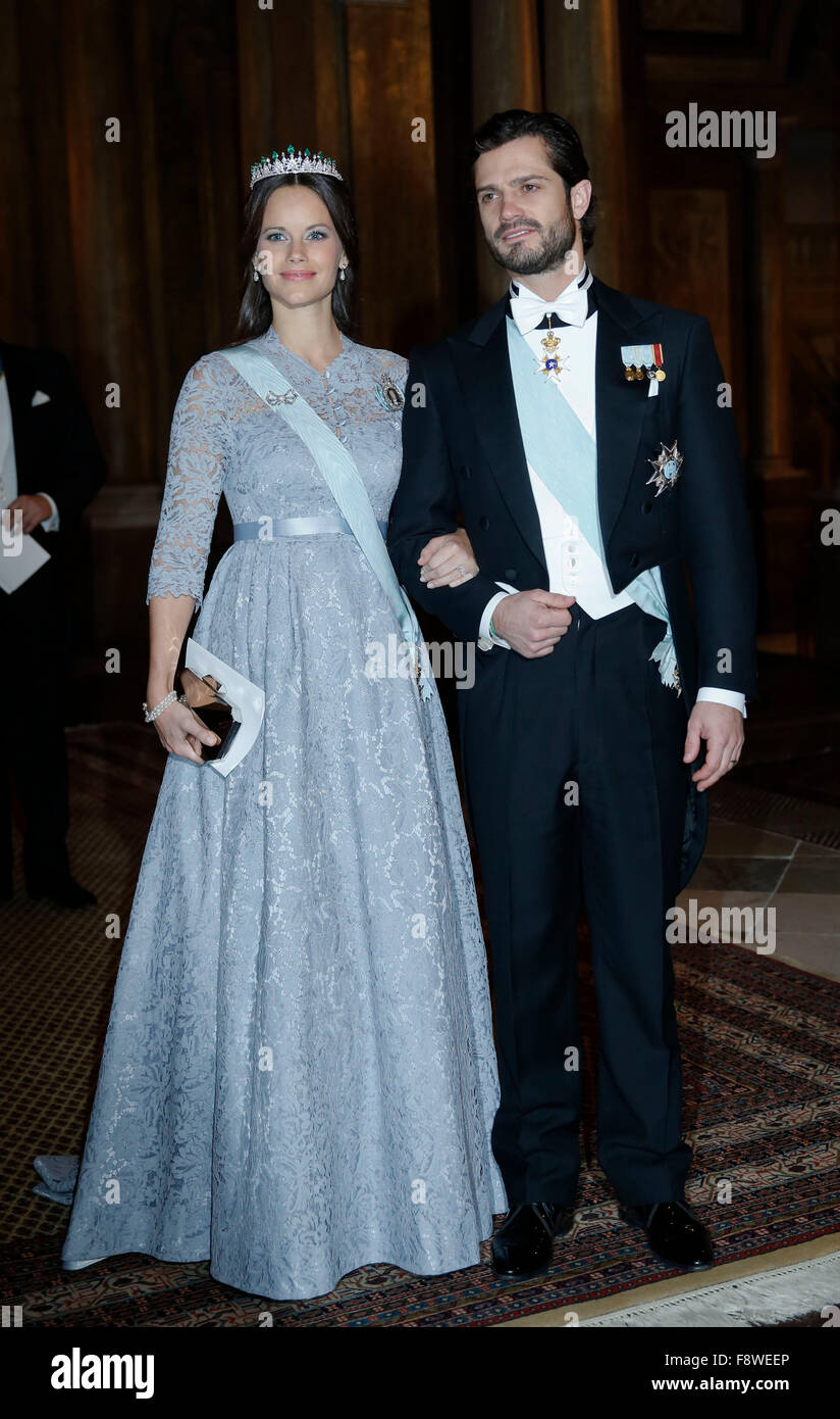 Stockholm, Sweden. 11th Dec, 2015. Sweden's Prince Carl Philip and his wife Princess Sofia attend the royal banquet for Nobel laureates at Royal Palace in Stockholm, Sweden, Dec. 11, 2015. Credit:  Ye Pingfan/Xinhua/Alamy Live News Stock Photo