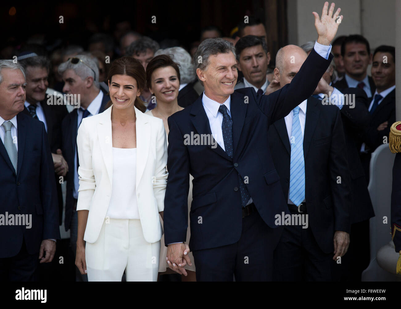 Buenos Aires, Argentina. 11th Dec, 2015. Argentina's President Mauricio Macri (R Front) leaves with First Lady Juliana Awada (2nd L) after taking part in the Tedeum at the Metropolitan Cathedral in Buenos Aires, capital of Argentina, Dec. 11, 2015. According to local press, Mauricio Macri attended Friday with Argentina's Vice President Gabriela Michetti and his Cabinet the traditional religious service at the Metropolital Cathedral, one day after his pesidential inauguration. Credit:  Martin Zabala/Xinhua/Alamy Live News Stock Photo