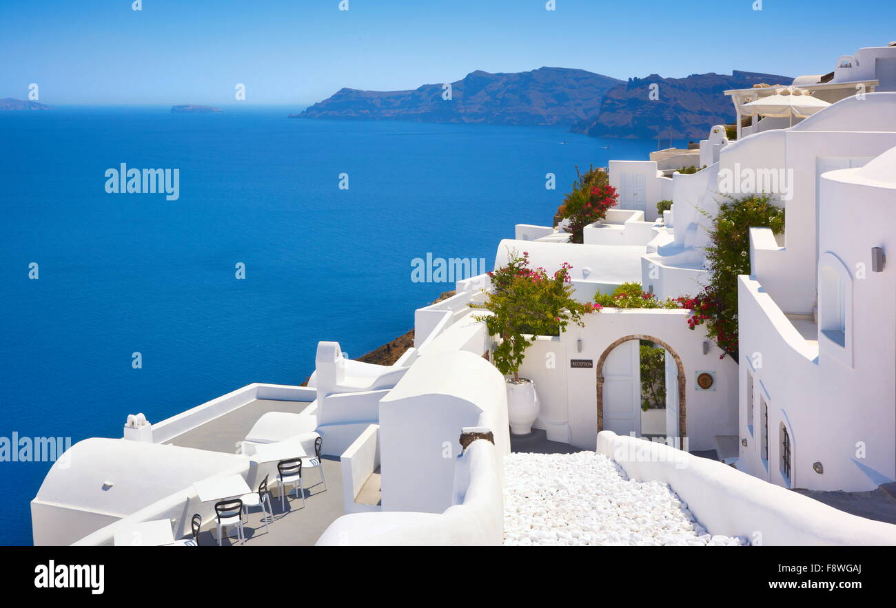 Santorini white houses - popular view in Oia Town, Santorini Island, Cyclades, Greece Stock Photo