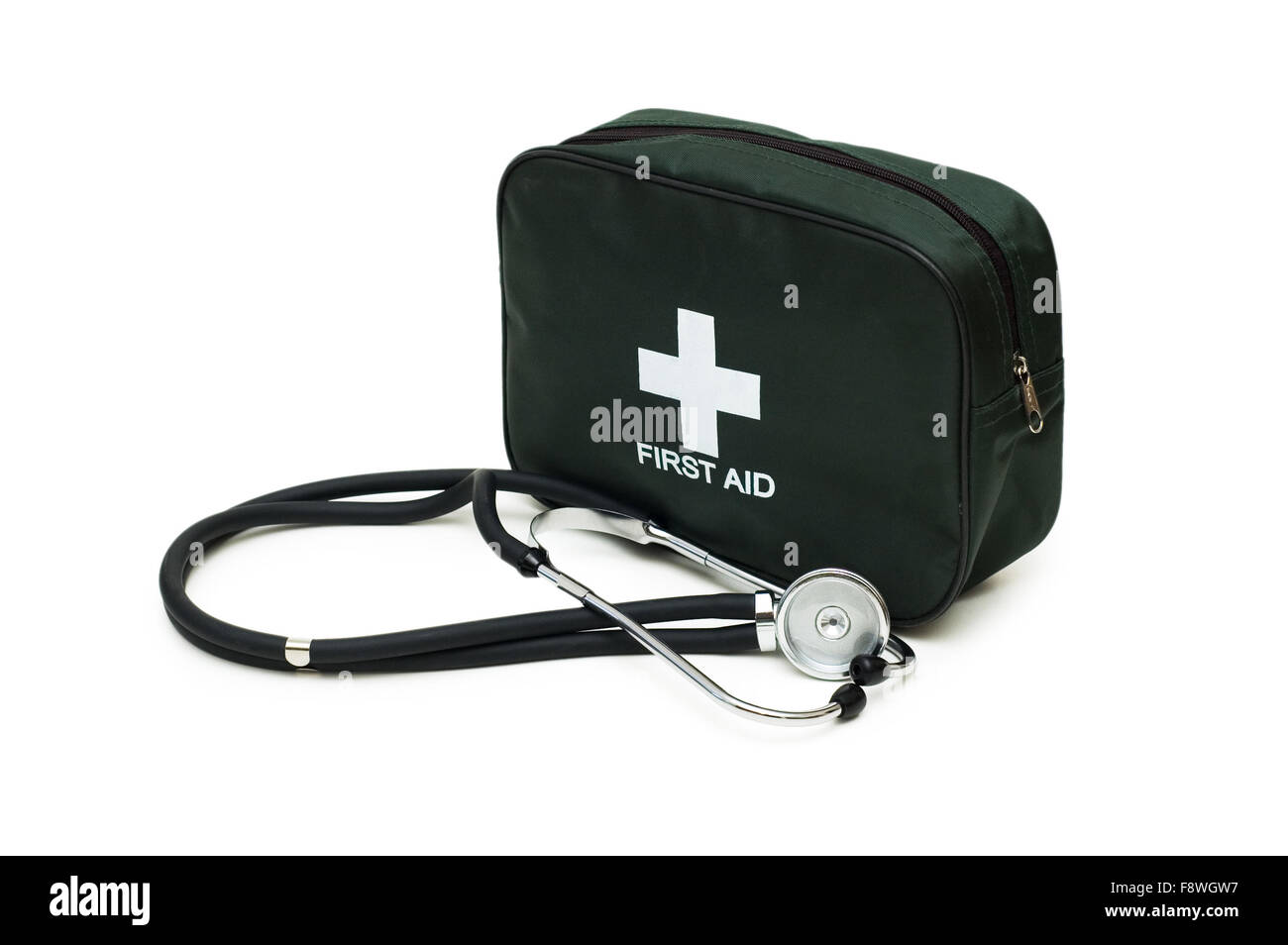 First aid kit and stethoscope isolated on the white Stock Photo Alamy