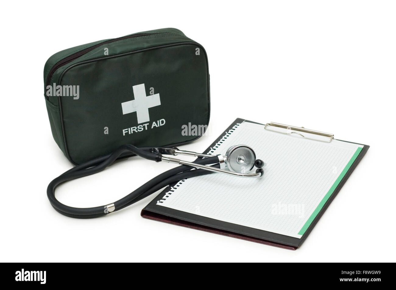 First aid kit, stethoscope and pad isolated on white Stock Photo Alamy