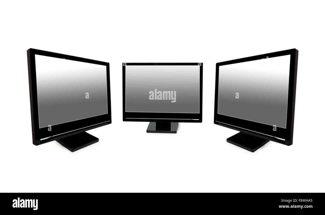 Three black lcd monitors isolated on the white Stock Photo