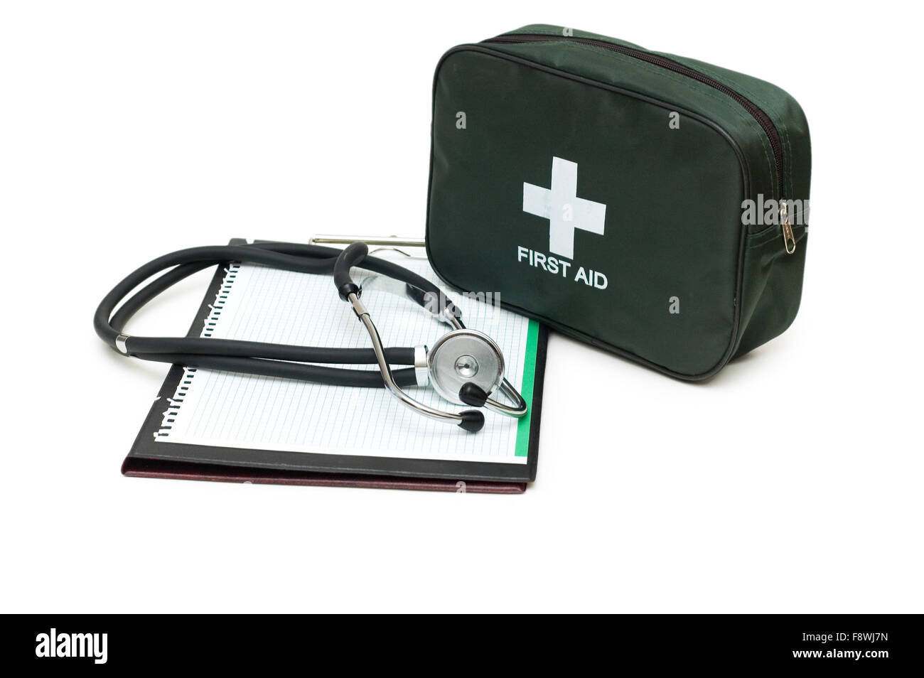 First aid kit, stethoscope and pad isolated on white Stock Photo Alamy