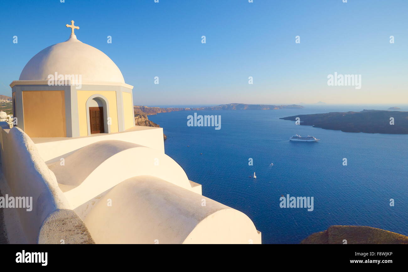 Thira (capital of Santorini) - landscape with church and sea in the background, Santorini Island, Cyclades, Greece Stock Photo