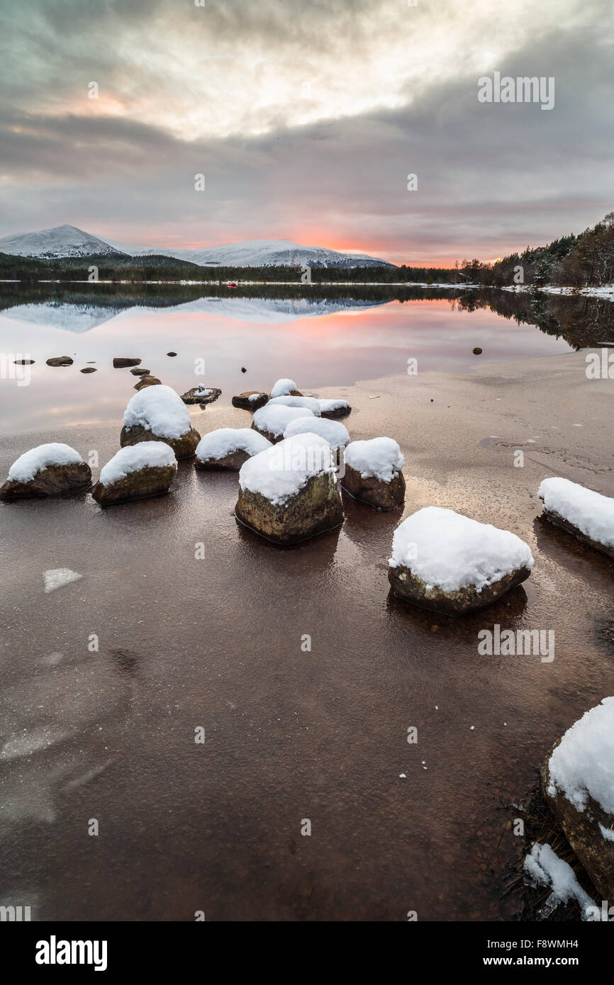 Loch Morlich Winter in the Cairngorms National Park of Scotland. Stock Photo