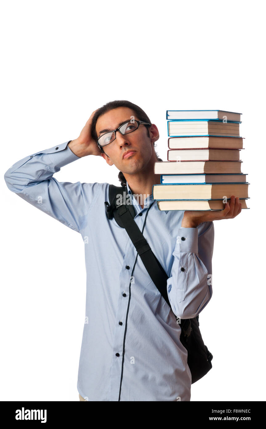 Student with stack of books on white Stock Photo - Alamy