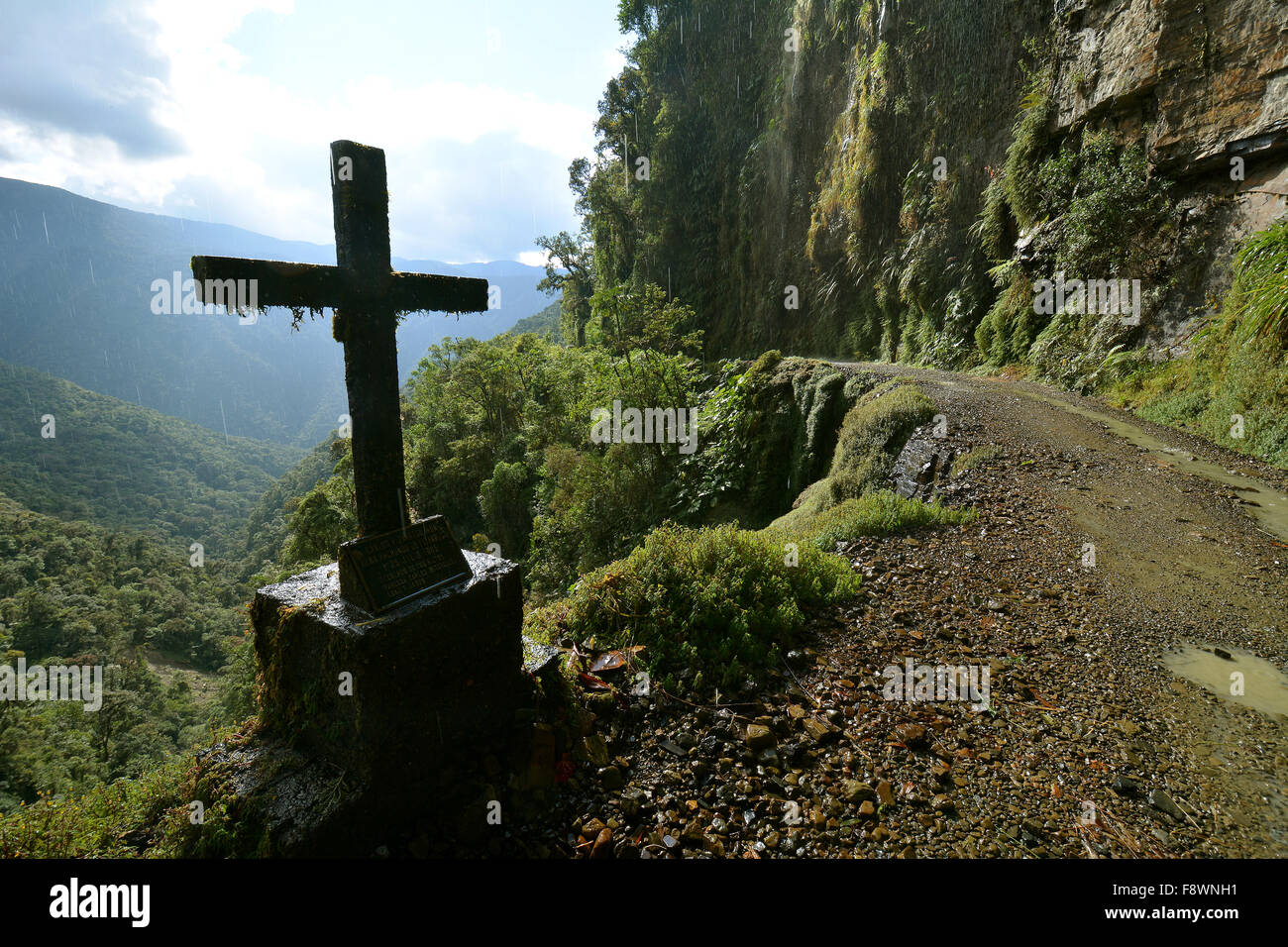 Roadside cross, death road, Camino de la Muerte, Yungas road between La Paz and Coroico, Bolivia Stock Photo