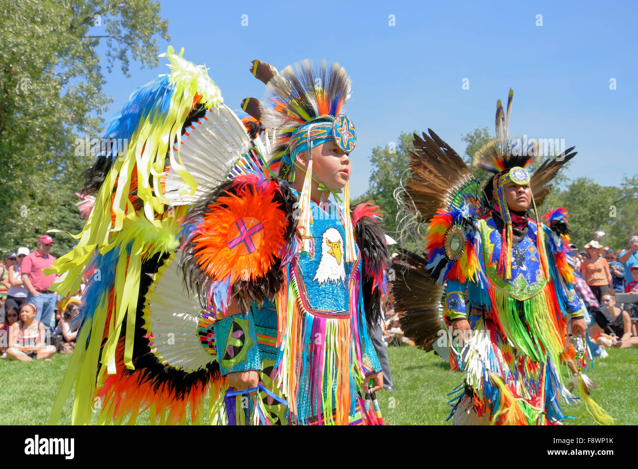 First Nations performance at Canada day Pow Wow, Princes Island, Calgary, Alberta, Canada Stock Photo