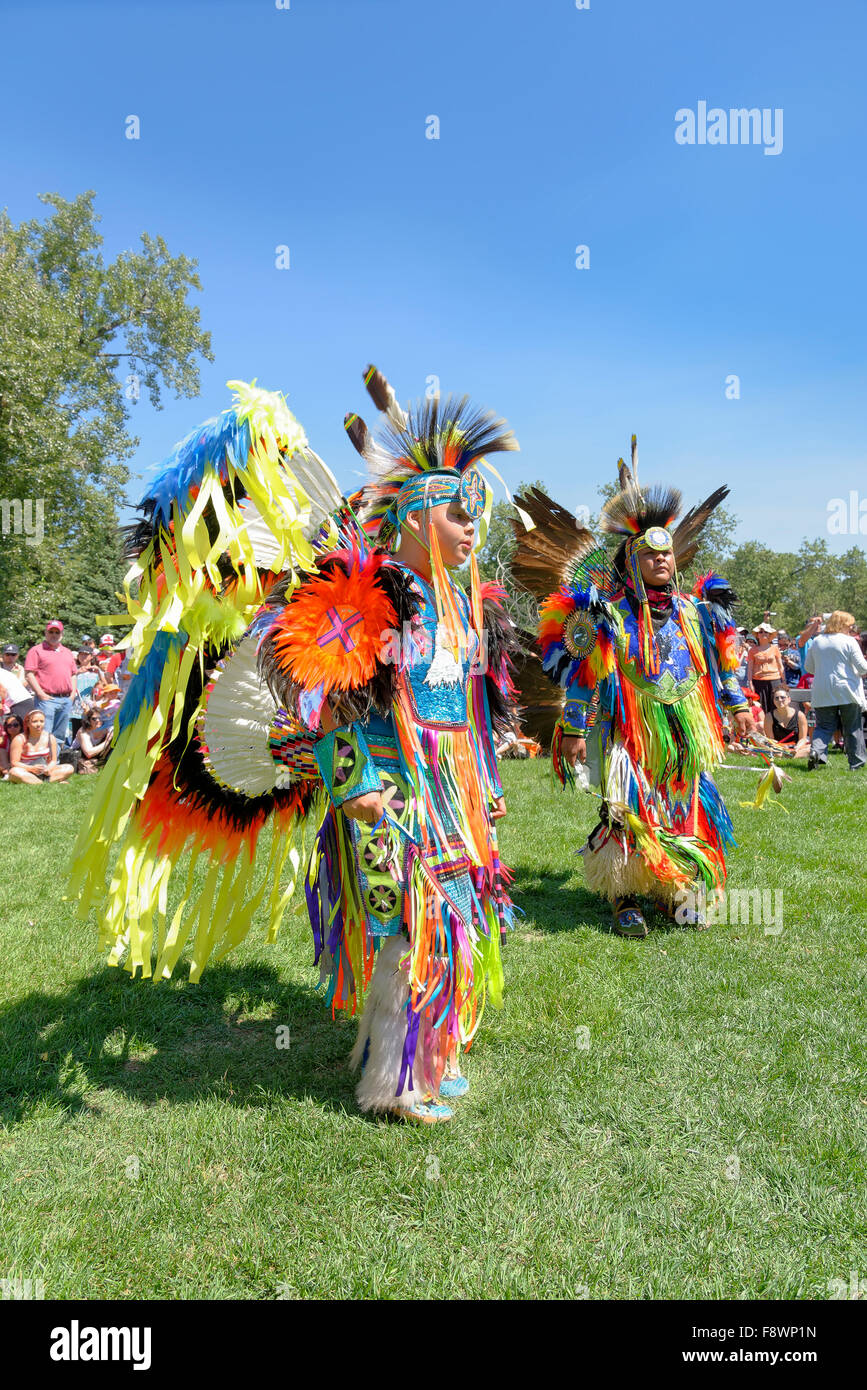 First Nations performance at Canada day Pow Wow, Princes Island, Calgary, Alberta, Canada Stock Photo