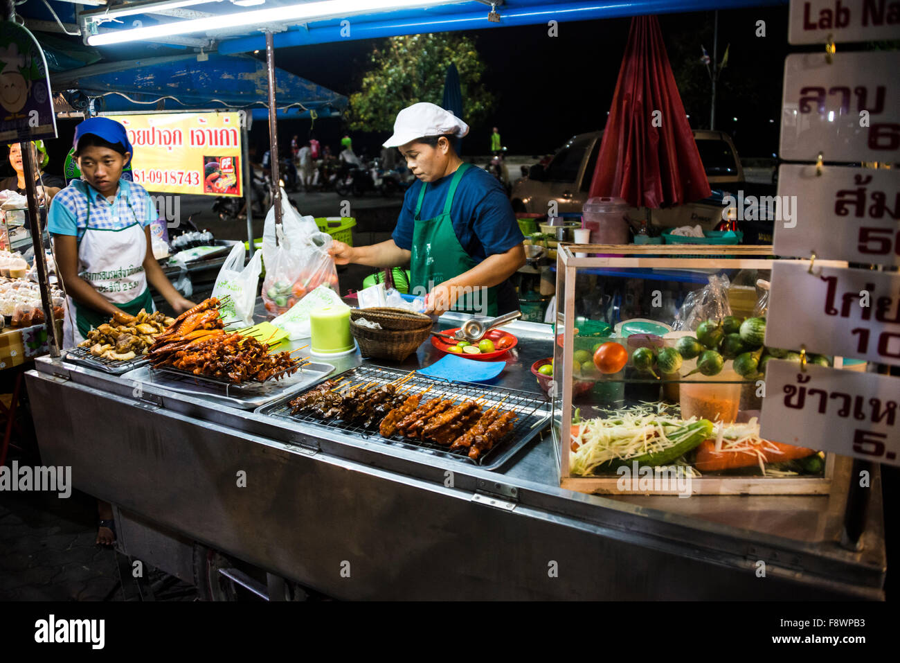 Food stand, food for sale at a night market, Na Thon, Koh Samui