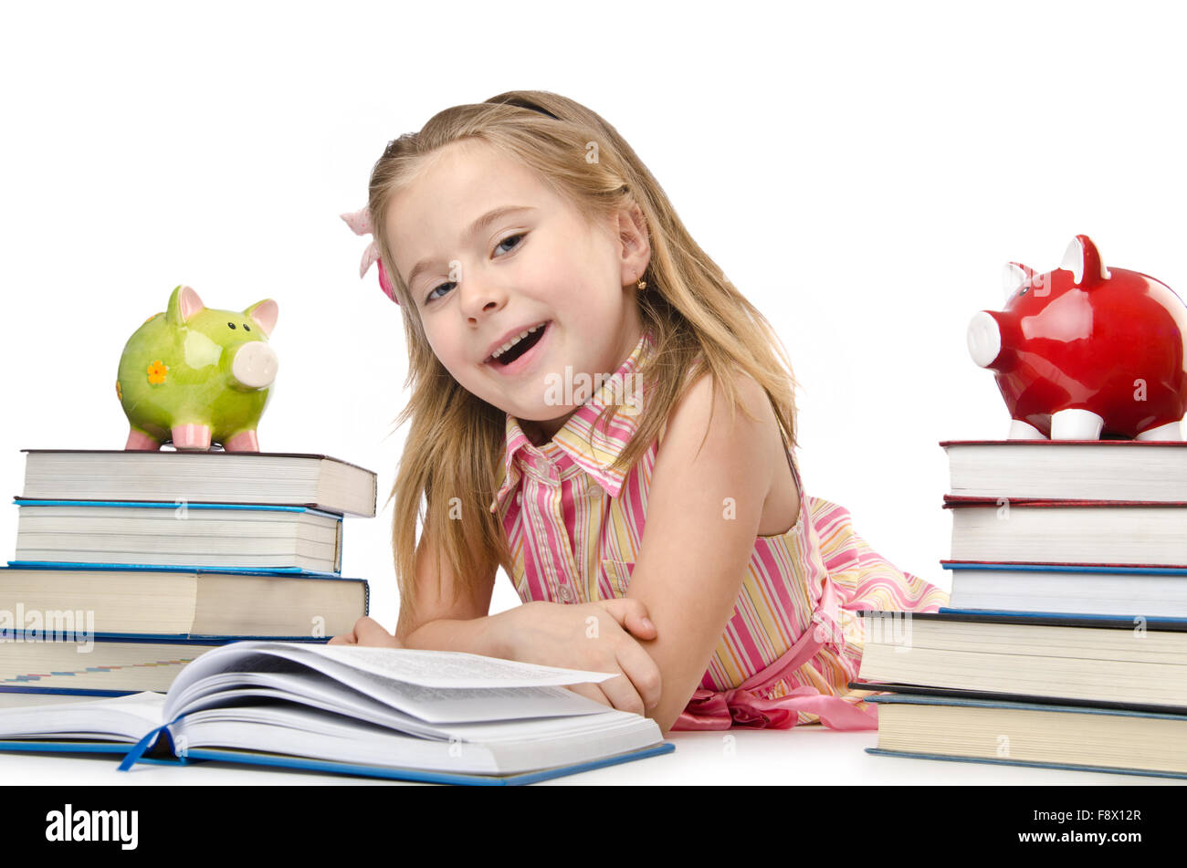 Little girl with books on white Stock Photo - Alamy