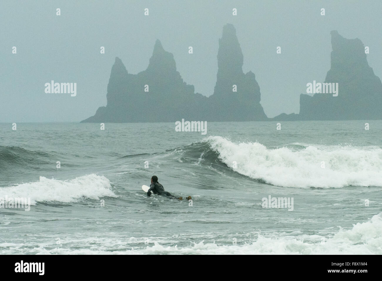 Outside of Vik. Man surfing waves at black sand beach with rocks in background. Stock Photo