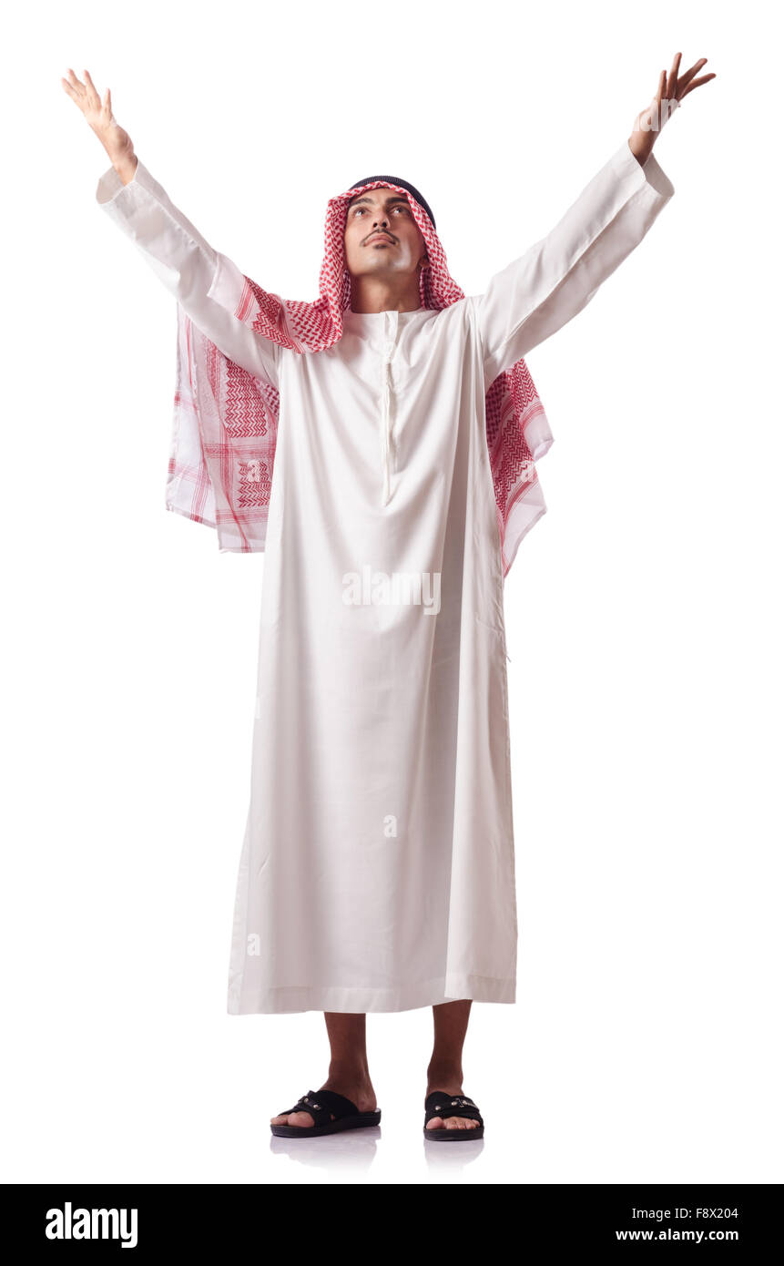 Arab man praying on white Stock Photo