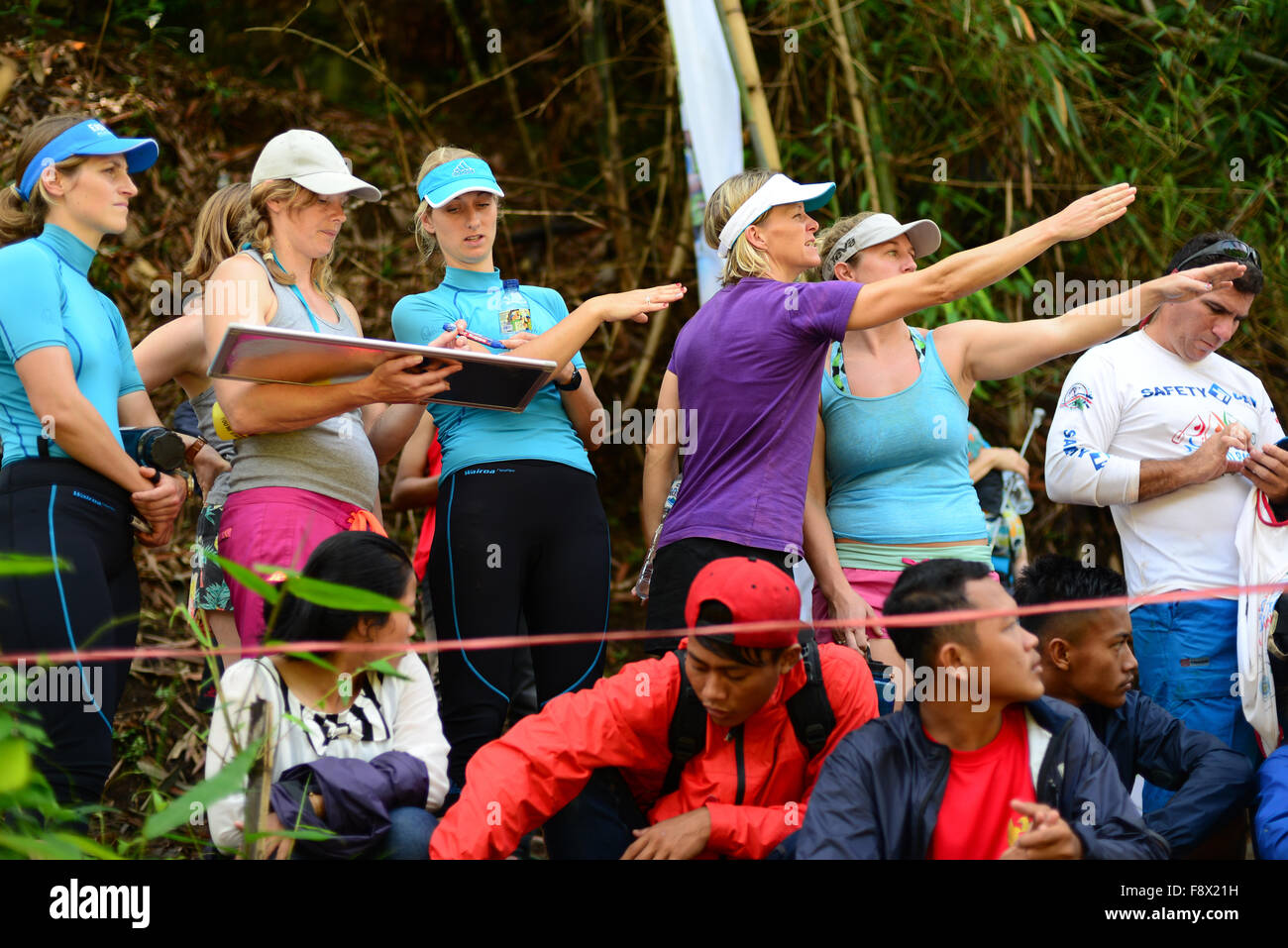 Rafters of different teams scouting the route before slalom race category during the 2015 World Rafting Championships. Stock Photo