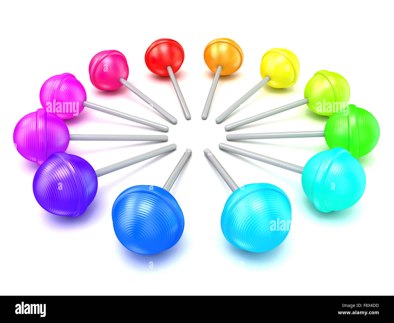 Colorful lollipops, circle arranged. 3D render illustration isolated on