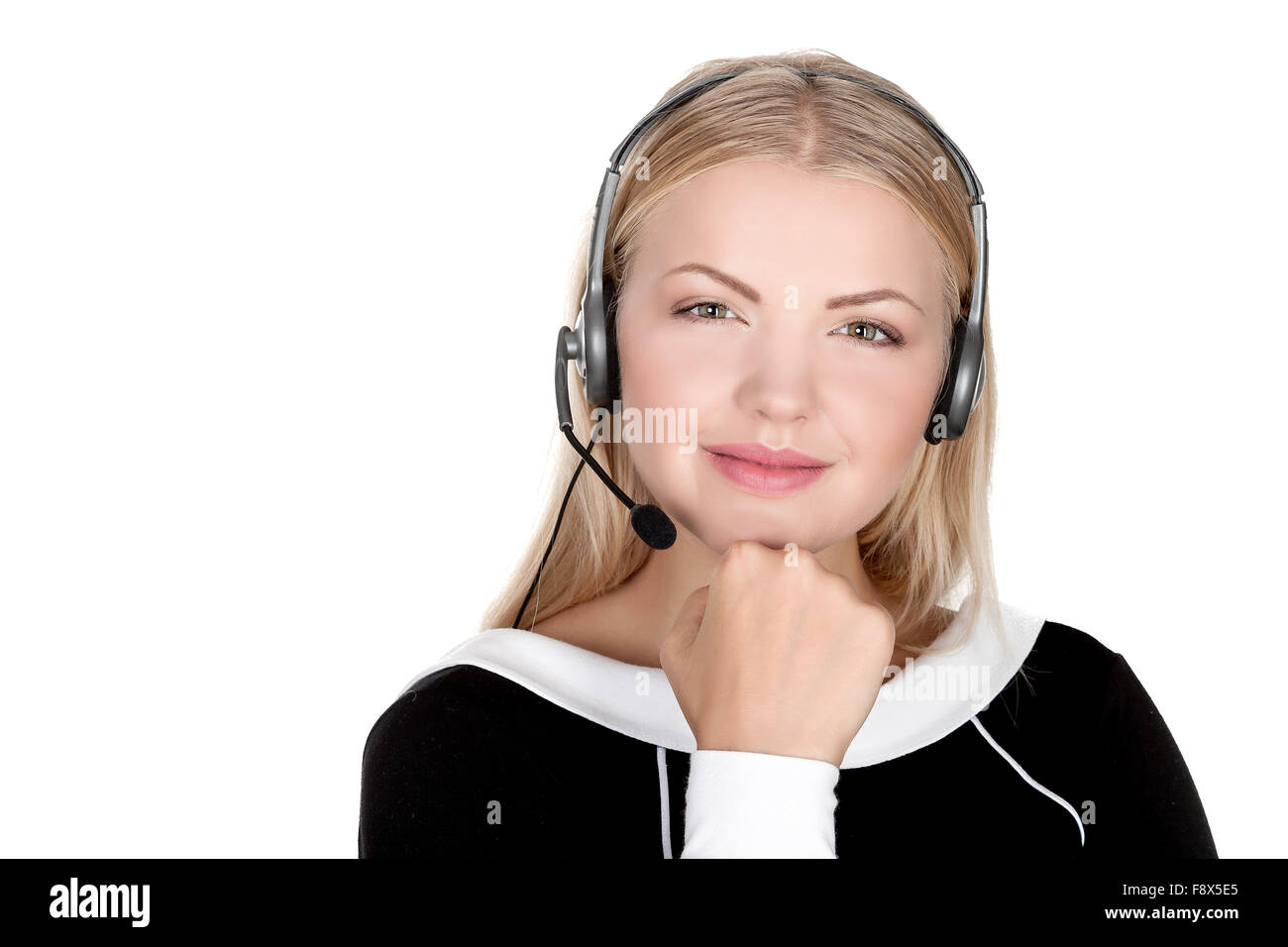 Call center support phone operator in headset isolated holding earphone