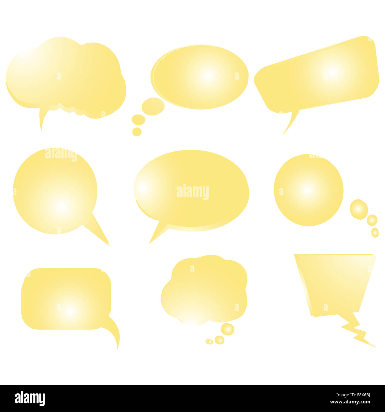 Collection of stylized yellow text bubbles, vector isolated obje Stock
