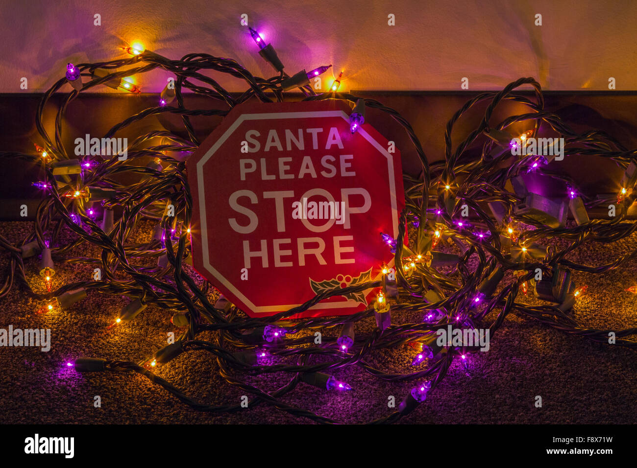 Santa Please Stop Here sign surrounded by purple and gold Christmas lights. It is laying on the floor with jumbled Christmas tree lights. Stock Photo