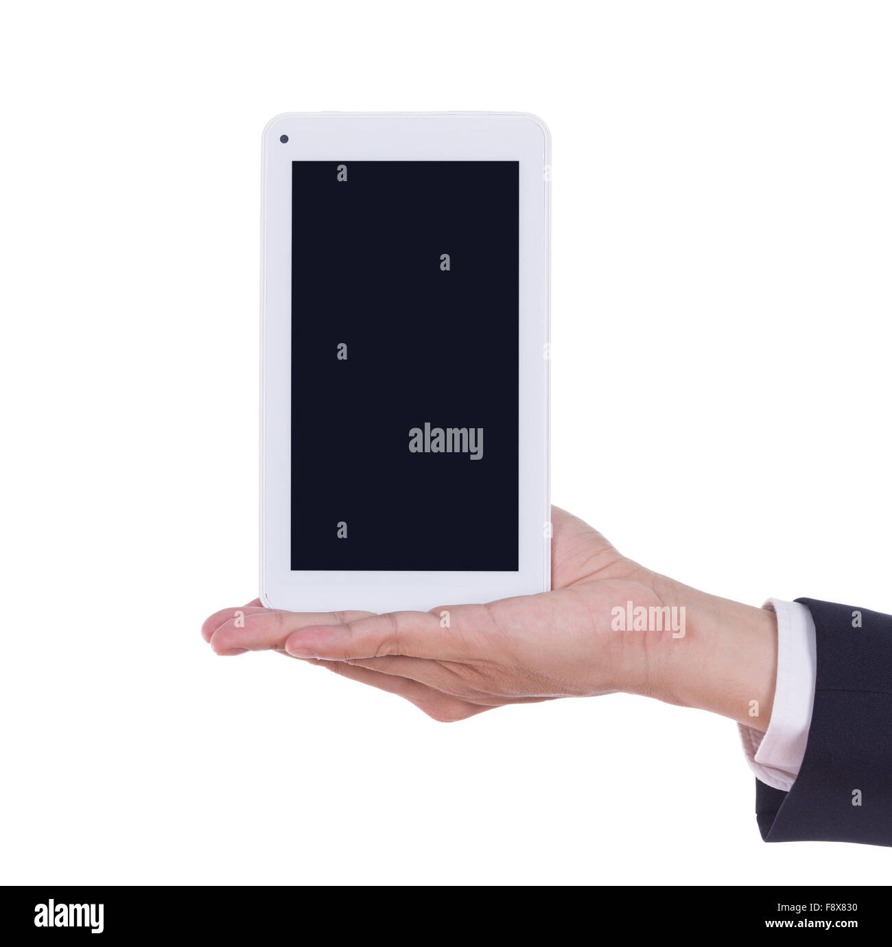business hand holding a small tablet touch computer isolated on white background Stock Photo