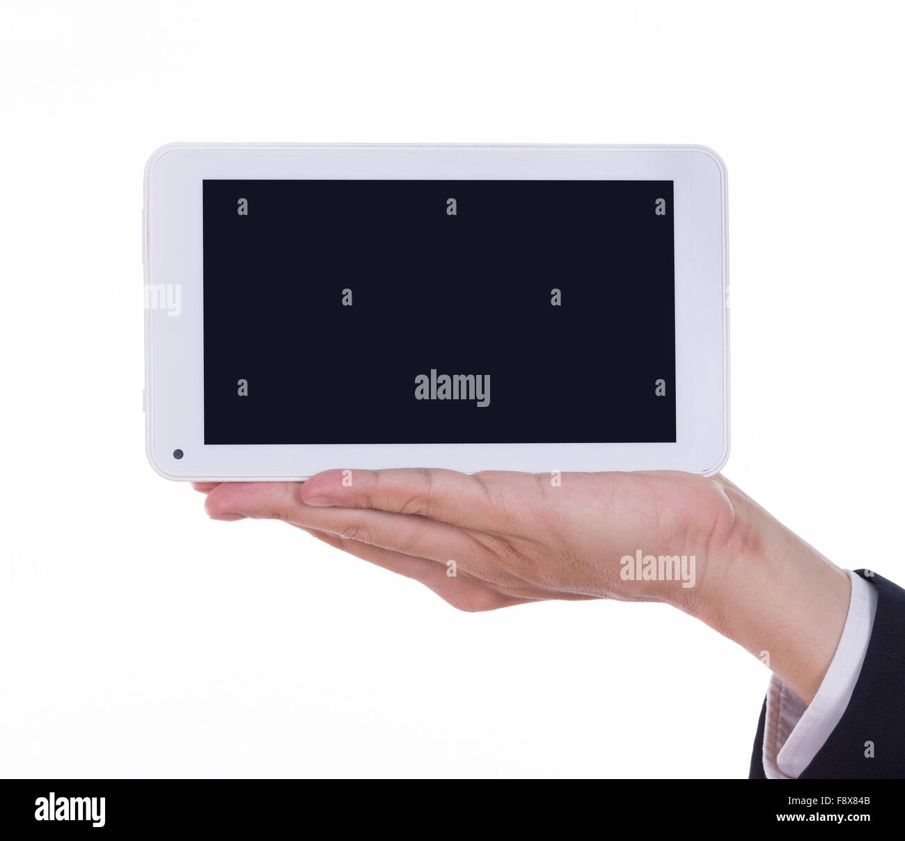 business hand holding a small tablet touch computer isolated on white background Stock Photo
