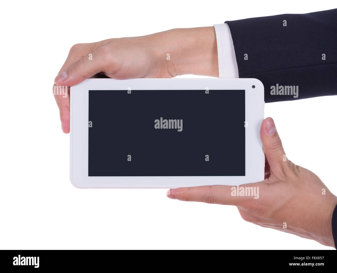 business hand holding a small tablet touch computer isolated on white background Stock Photo