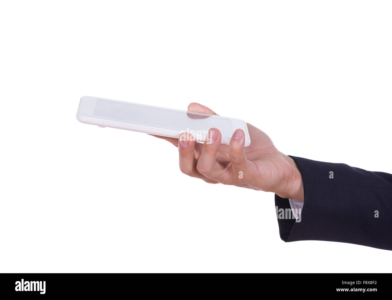business hand holding a small tablet touch computer isolated on white background Stock Photo