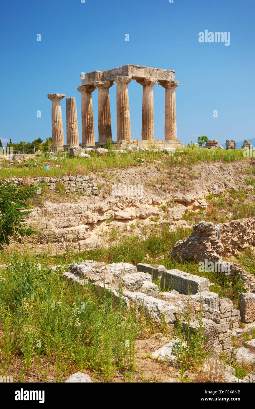 Corinth, Ruins of the Temple of Apollo at the archaeological site, Greece, Peloponnese Stock Photo