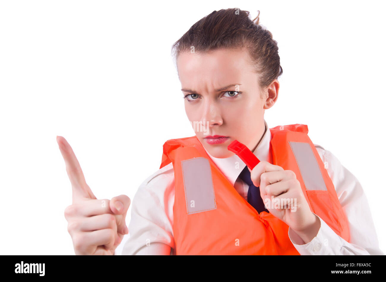 Young woman with life vest on white Stock Photo Alamy