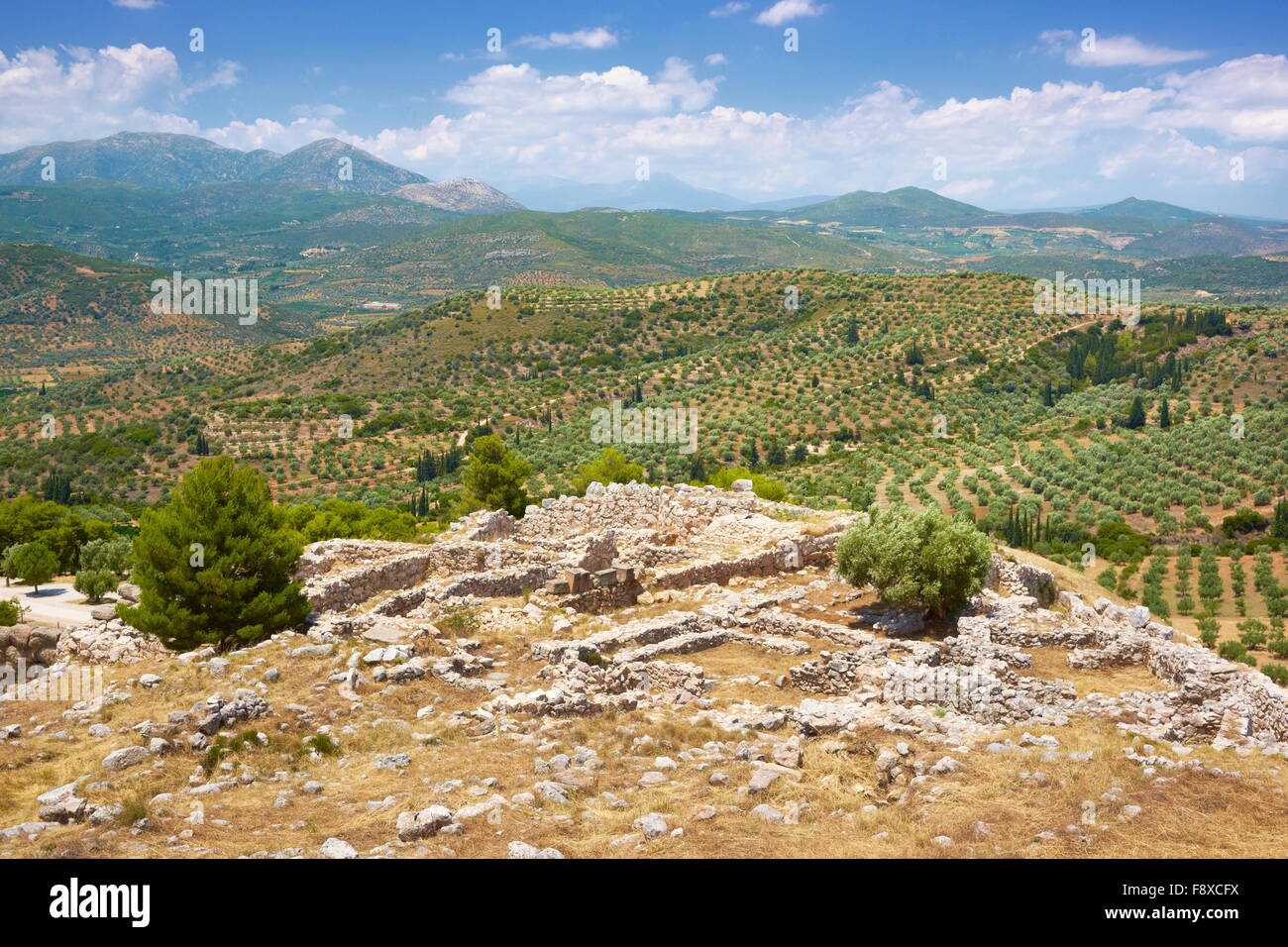 Ancient city of Mycenae, view towards Sparta, Peloponnese, Greece Stock Photo