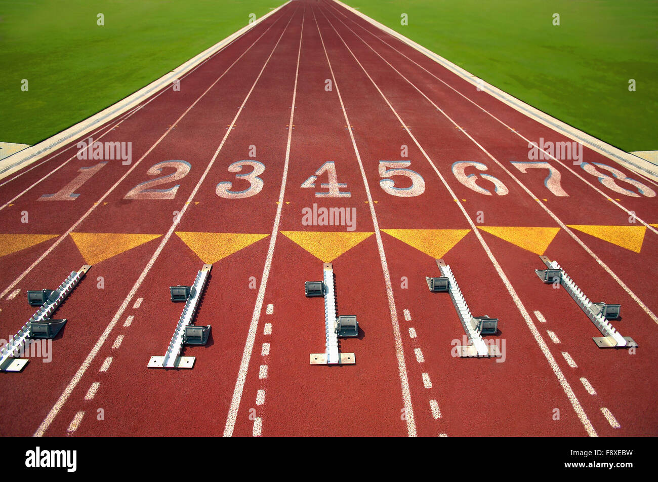 Starting Blocks at Vacant Starting Line Before Event Stock Photo Alamy