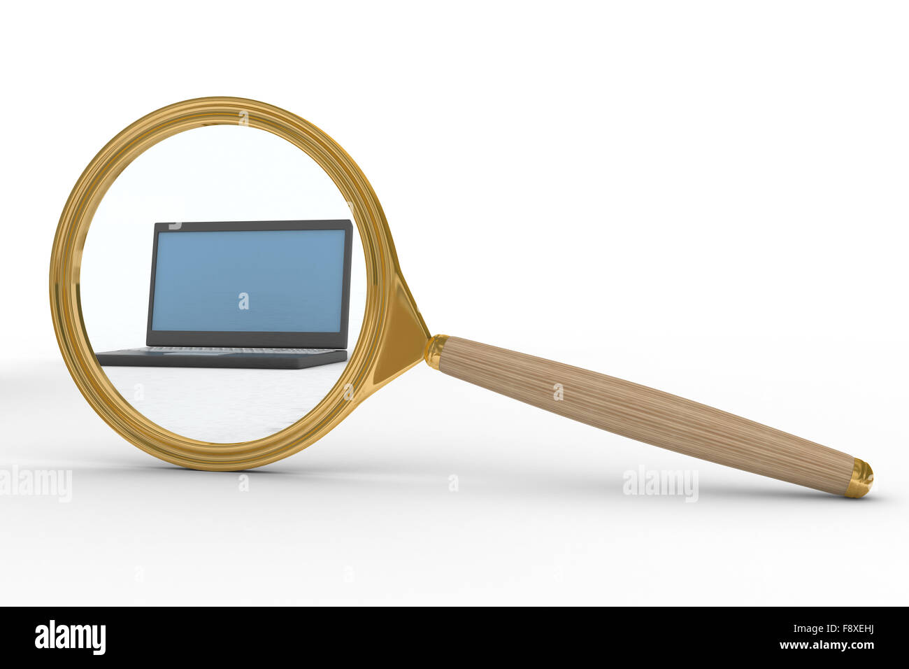 Magnifier and laptop on white background. Isolated 3D image Stock Photo