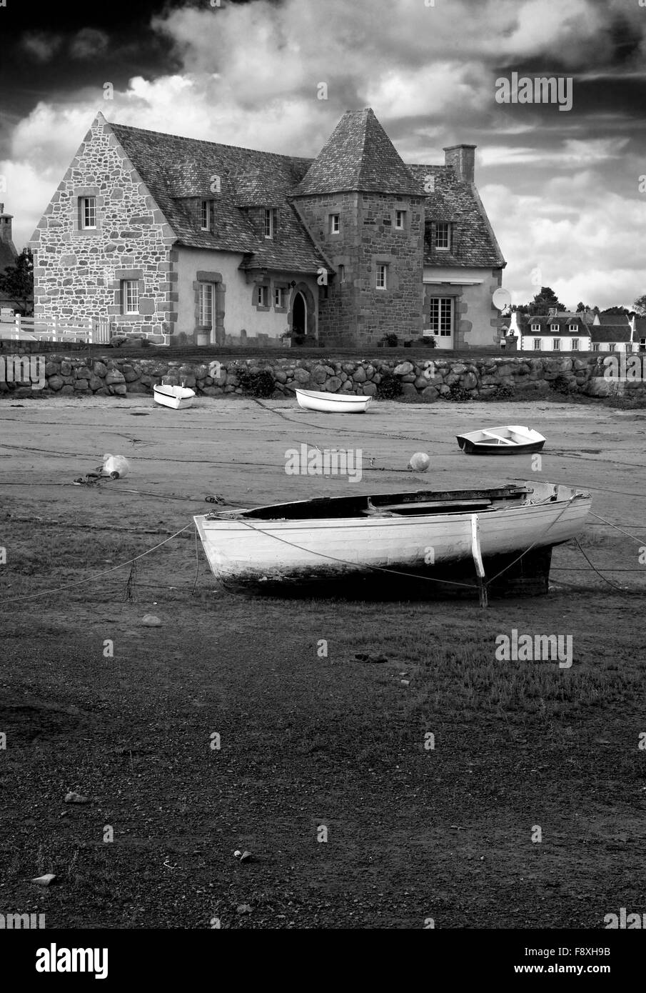 Ancient house and boats on a mooring beautiful scenery in black and white
