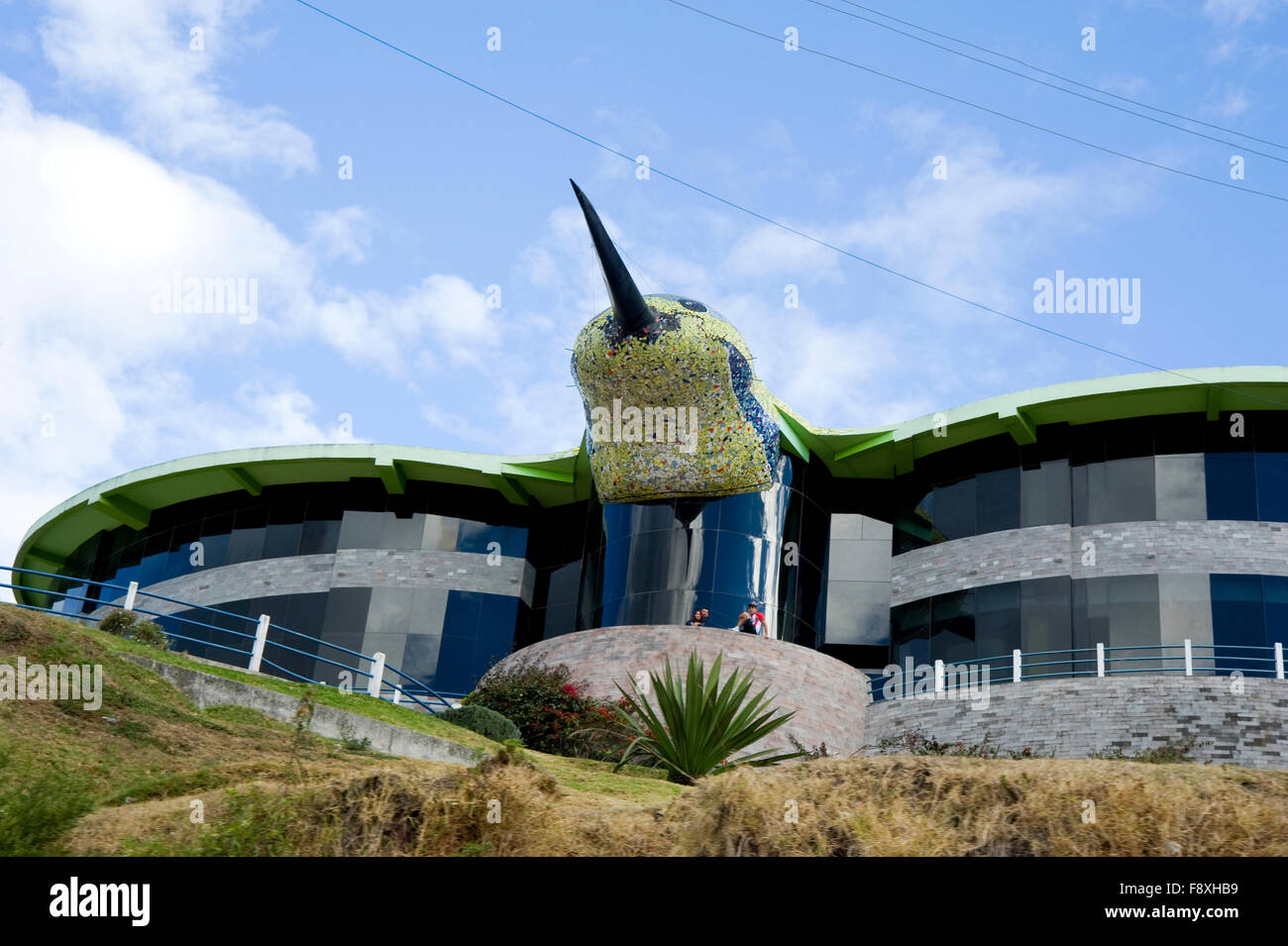 Building in Ecuador shaped like a hummingbird in view from train en route from Ibarra to Salinas. Stock Photo